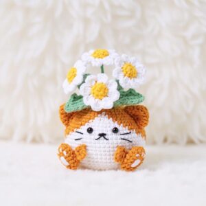 Daisy Cat Pot Amigurumi Crochet Pattern - Adorable DIY Cat Planter - Instant Download PDF