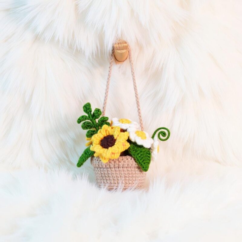 Golden Radiance Hanging Basket Amigurumi Crochet Pattern - Charming DIY Car Charm Decor - Instant Download PDF