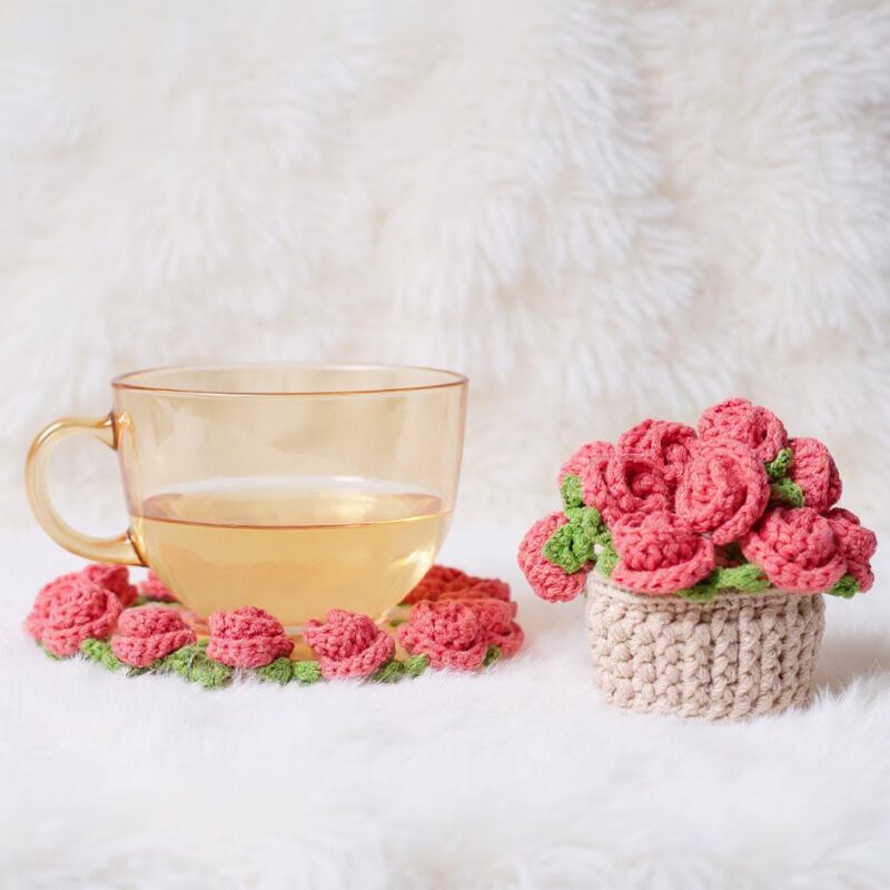 Potted Rose Coaster Amigurumi Crochet Pattern - Charming DIY Flower Decor - Instant Download PDF