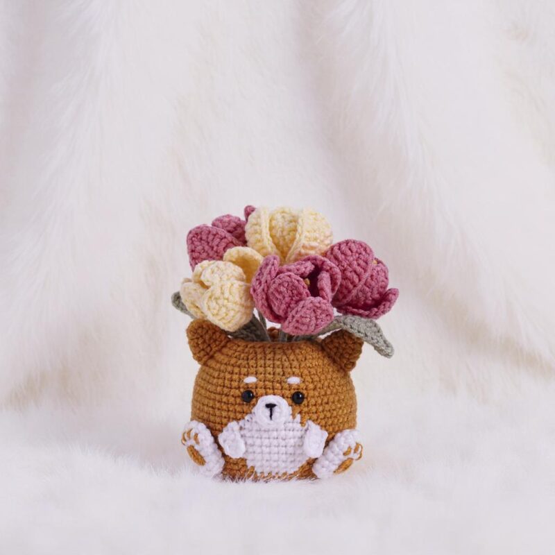 Tulip Shiba Inu Pot Amigurumi Crochet Pattern - Adorable DIY Stuffed Animal Toy - Instant Download PDF